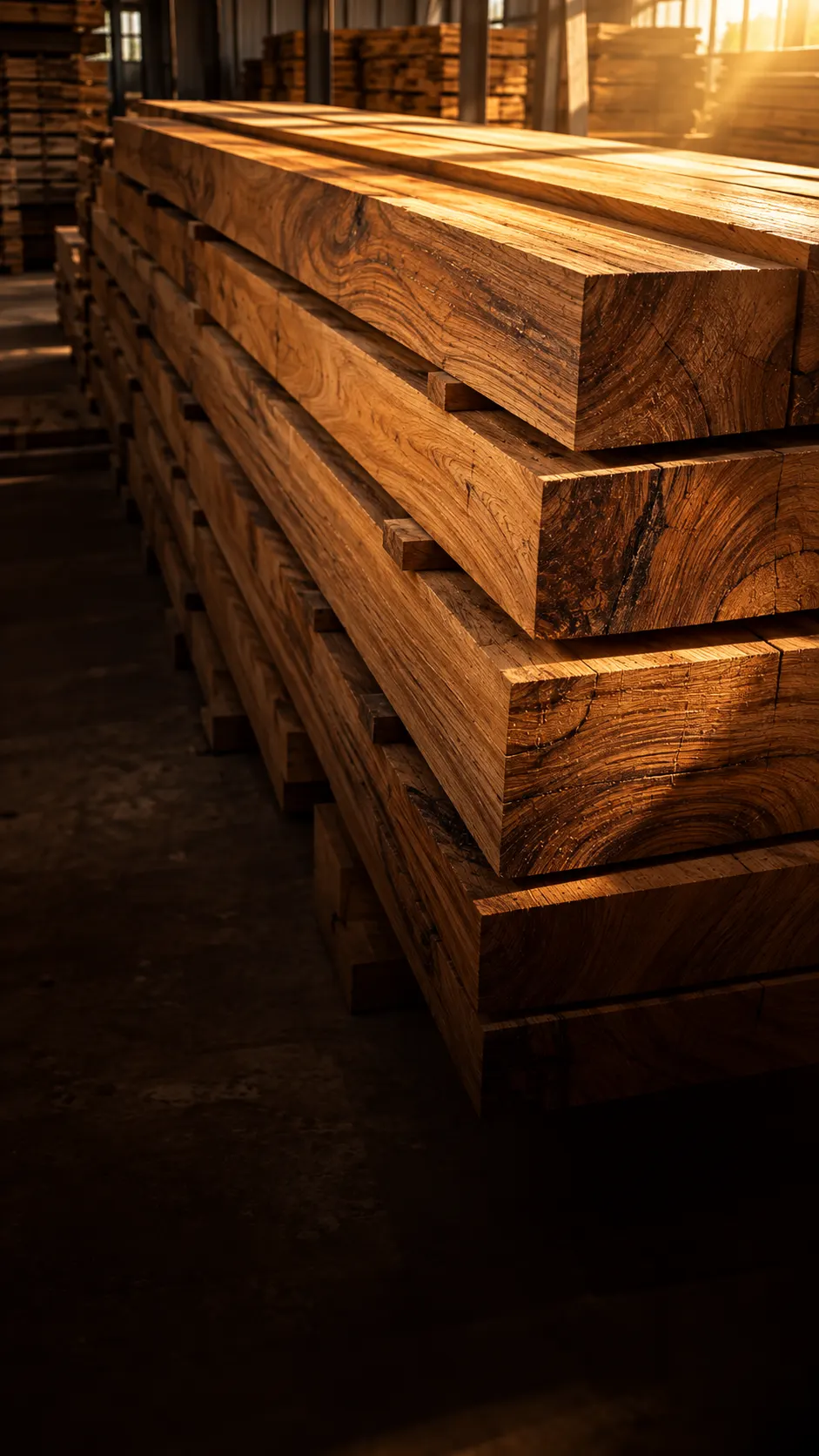 Stacked teak planks in the Royal Timber yard, lit by warm light