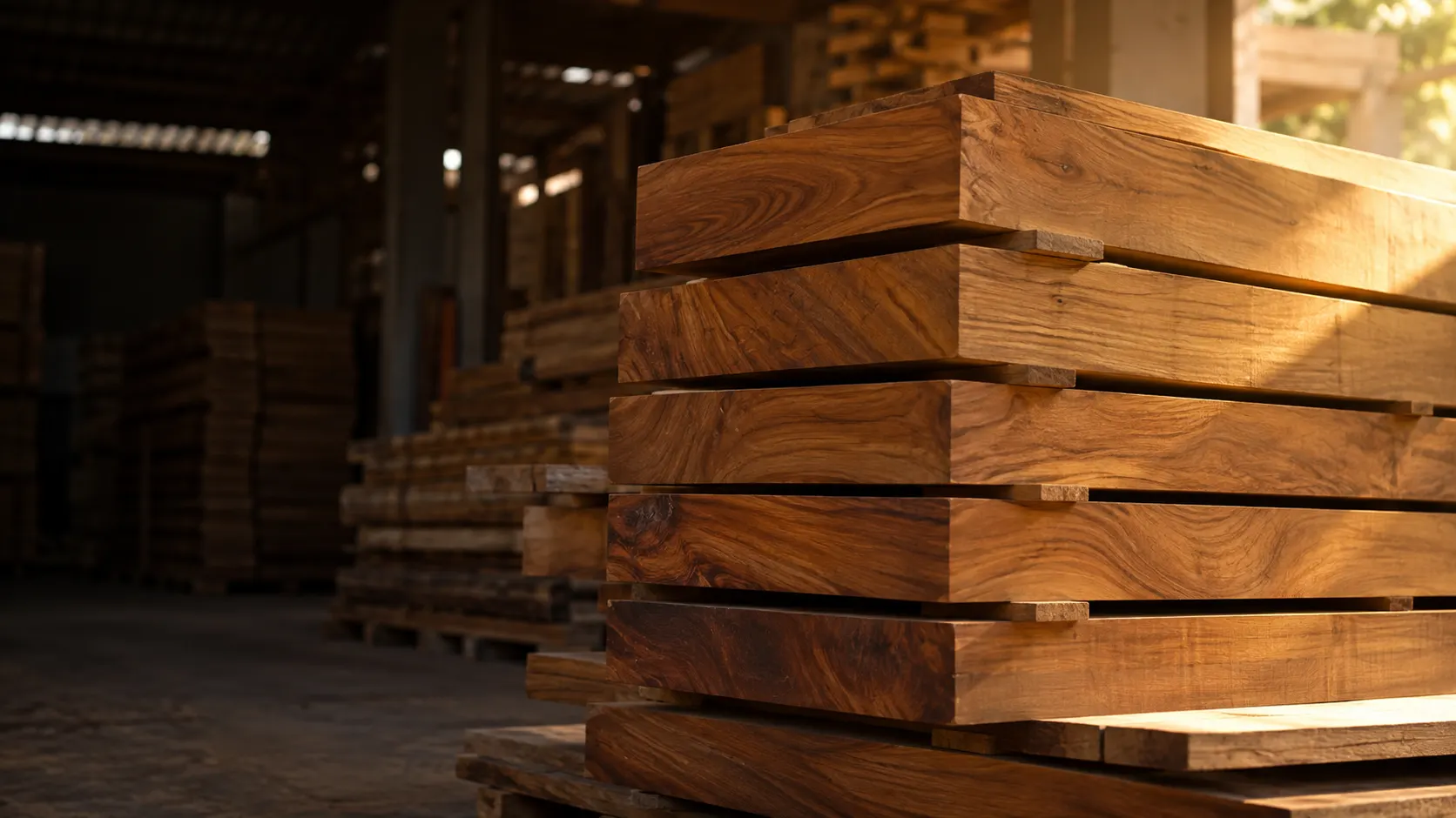 Stacked teak planks in the Royal Timber yard, lit by warm light