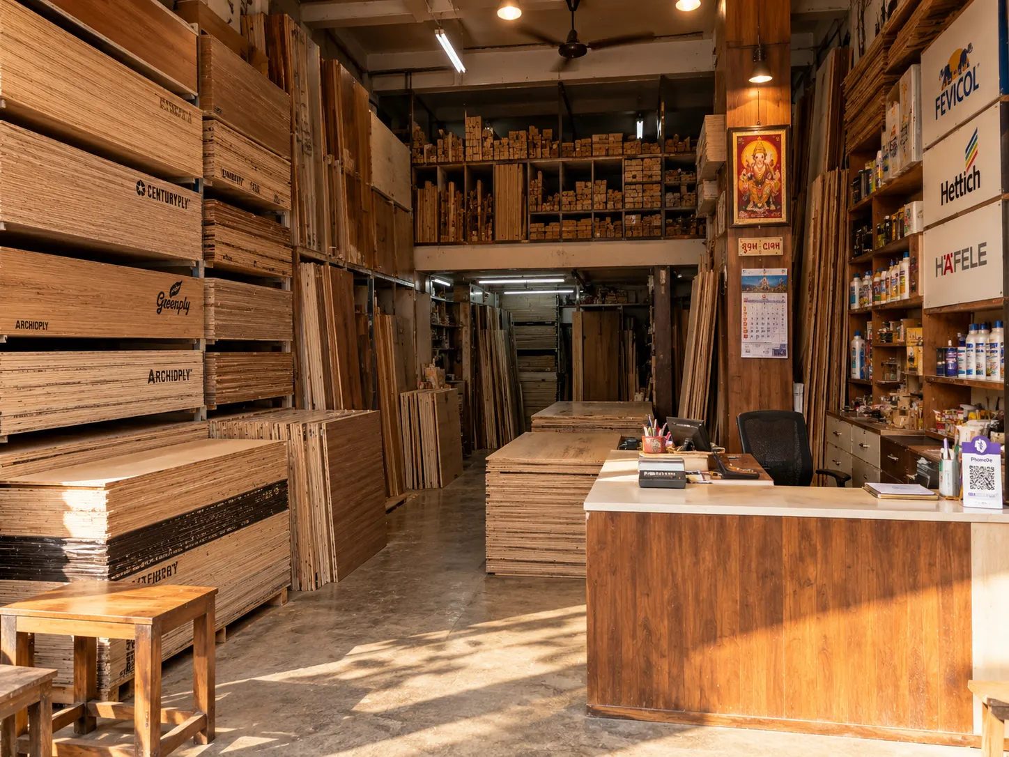 Inside the Royal Timber shop in Lati Bazar with stacked materials